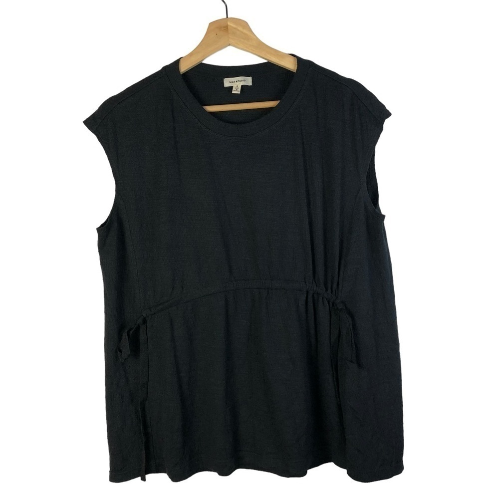 Max Studio Black Drawstring Waist Babydoll‎ Cap Sleeve Short Sleeve Blouse S
